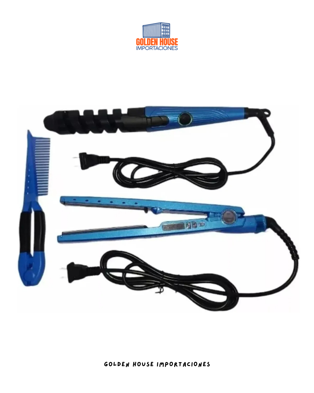 Plancha De Cabello,rizador Y Peine Nano Titanium Color Azul