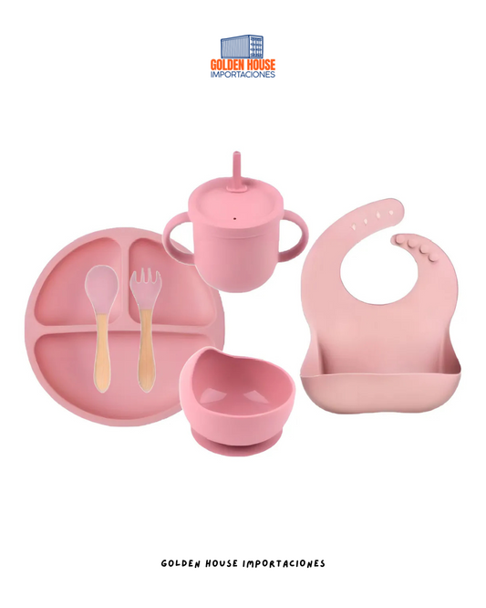 Set Vajilla Bebe Silicona Alimentacion Rosado