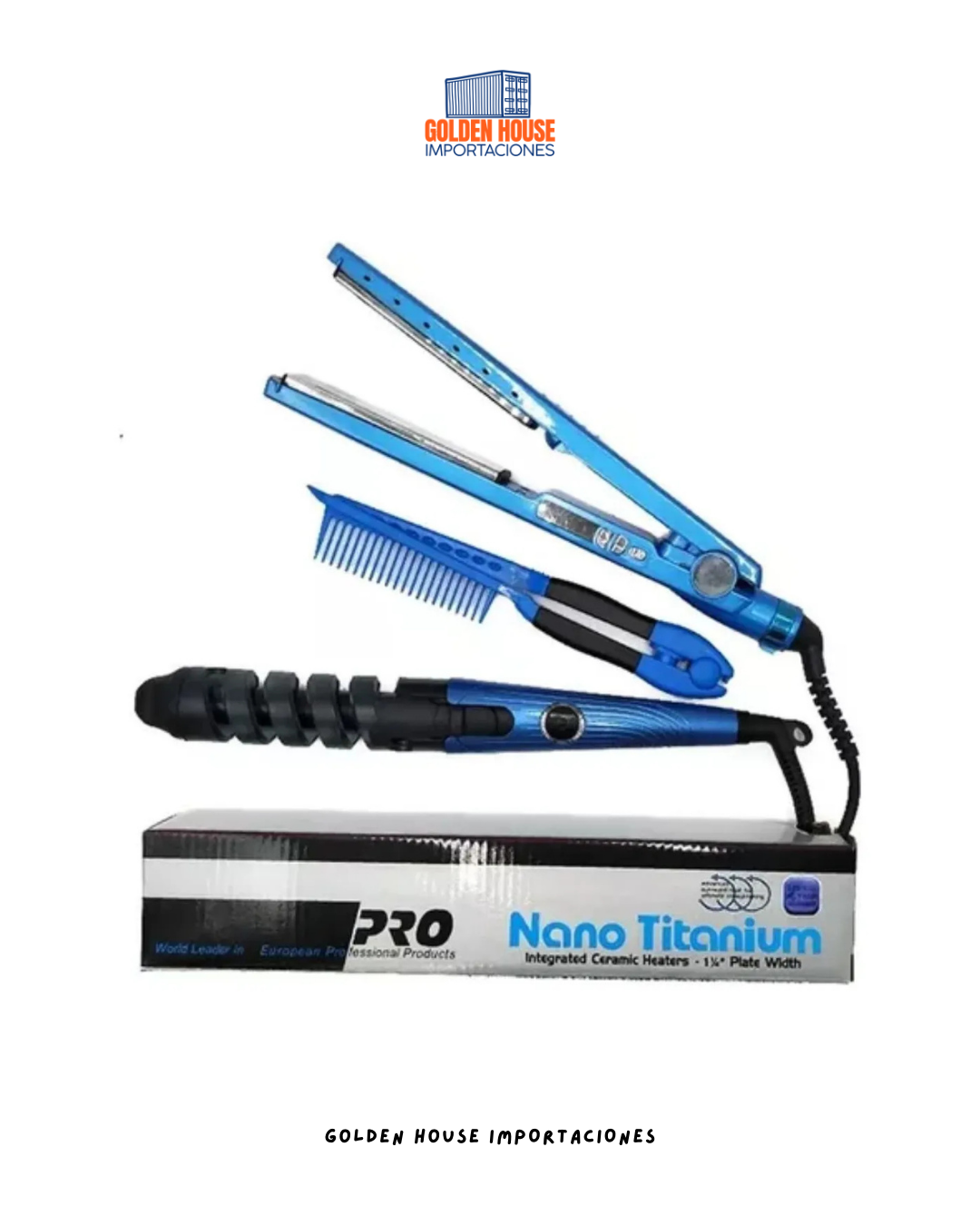 Plancha De Cabello,rizador Y Peine Nano Titanium Color Azul